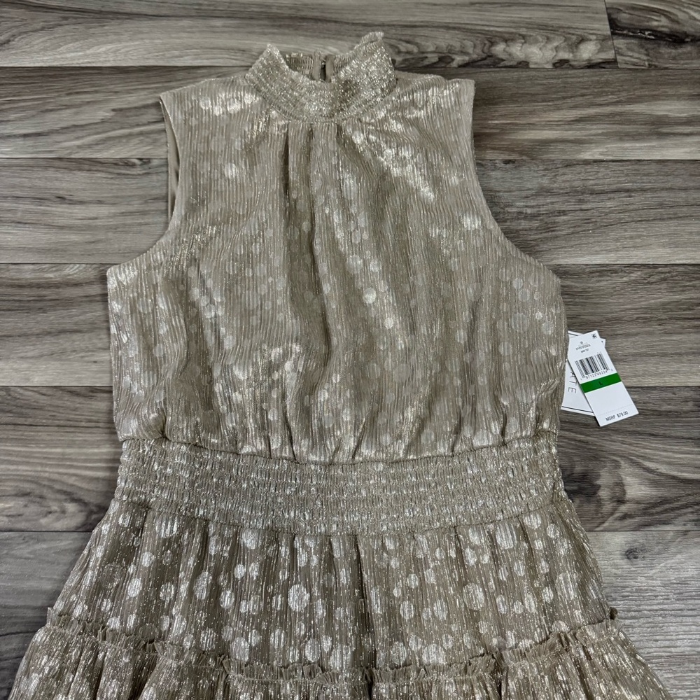 NWT 1.State Sparkle Smocked Tiered Sleeveless Mini Dress Gold Size Large - Picture 2 of 8